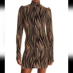 AQUA RAMYA ABSTRACT GOLD BLACK MOCK NECK METALLIC DRESS XS NWT LONG SLEEVE